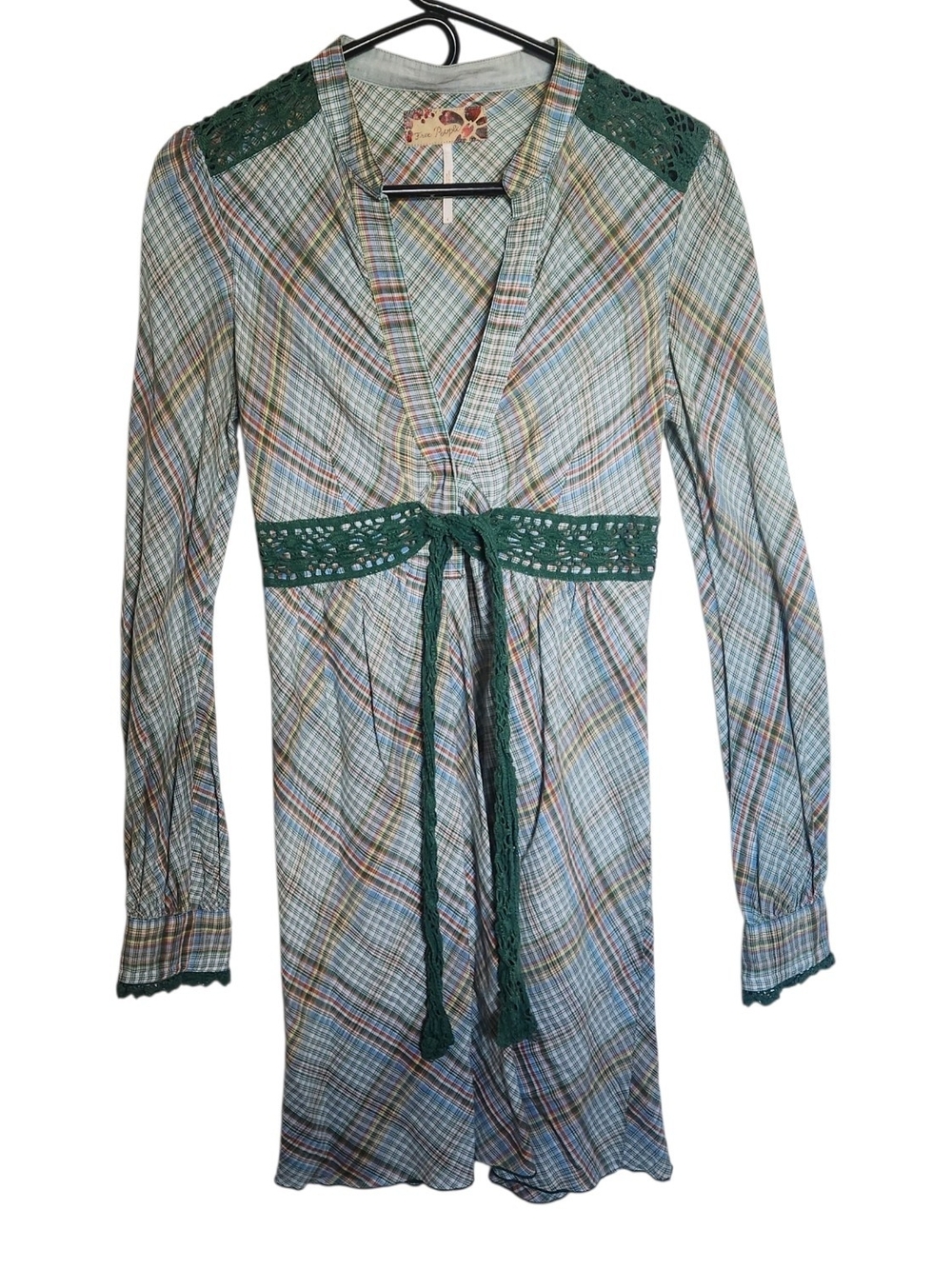 Free People " Hello Lover Dress"Plaid Crochet Lace Tunic Boho Festival Size 4